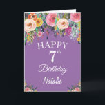 Tarjeta 7.ª acuarela Flores florales moradas<br><div class="desc">Séptimo Nacimiento Watercolor Floral Flores Púrpura Tarjeta con nombre y edad personalizados. Para una mayor personalización,  haga clic en el botón "Personalizar" y utilice nuestra herramienta de diseño para modificar esta plantilla.</div>