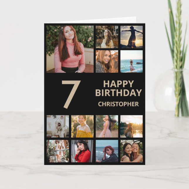Tarjeta 7.º Collage de fotos de cumpleaños 13 fotos negro  (Anverso)