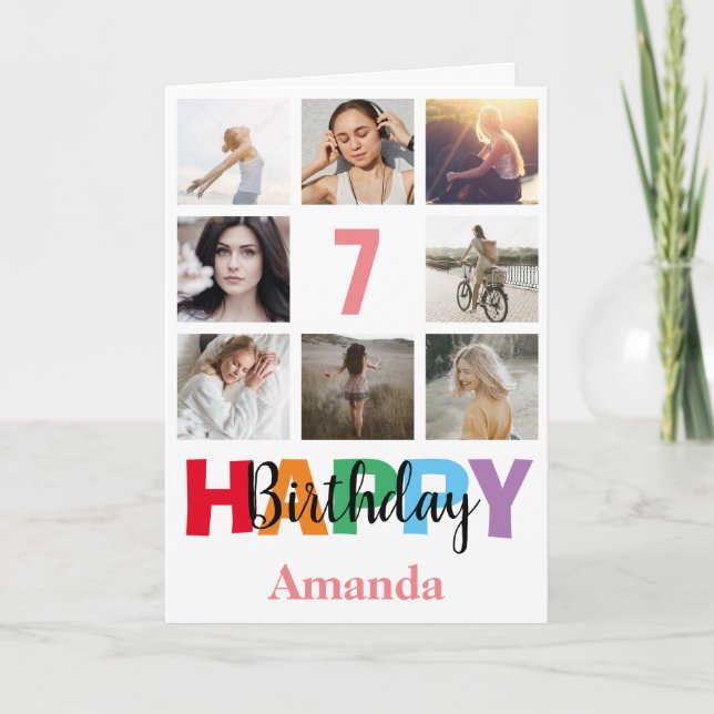 Tarjeta 7.º Collage de fotos de cumpleaños feliz rosa mode (Anverso)