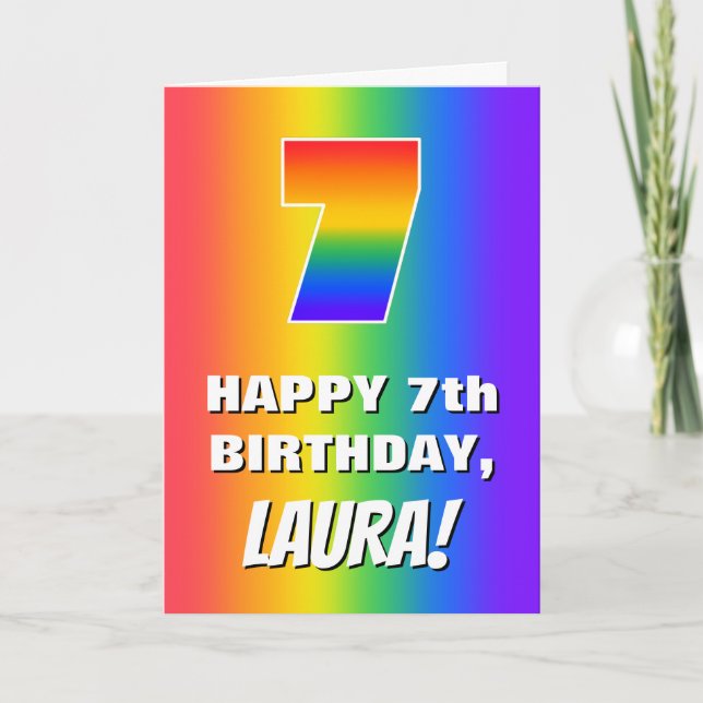 Tarjeta 7.º cumpleaños: Colorido, divertido patrón arcoiri (Anverso)