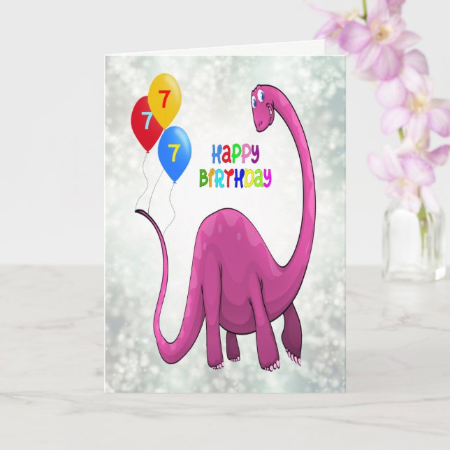 Tarjeta 7.º cumpleaños Dinosaurio y Ballons (Orquídea)