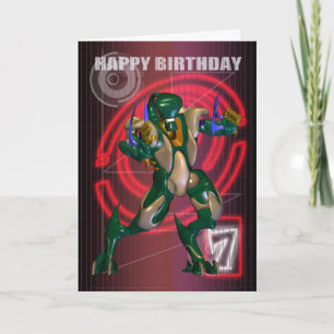 Tarjeta 7.º cumpleaños feliz con un guerrero robot