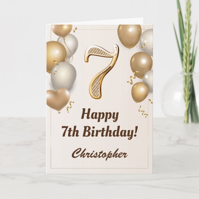 Tarjeta 7.º cumpleaños Globos de oro y cumpleaños de Confe (Anverso)