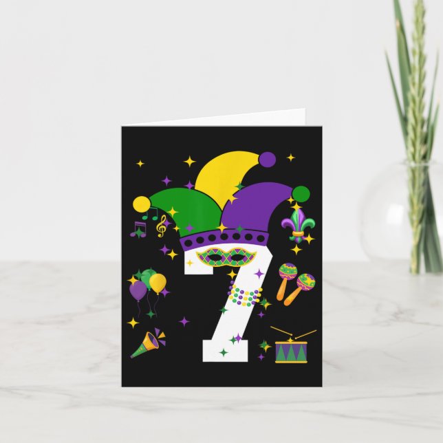 Tarjeta 7.º cumpleaños Mardi Gras tema niños de 7 años Ki (Anverso)