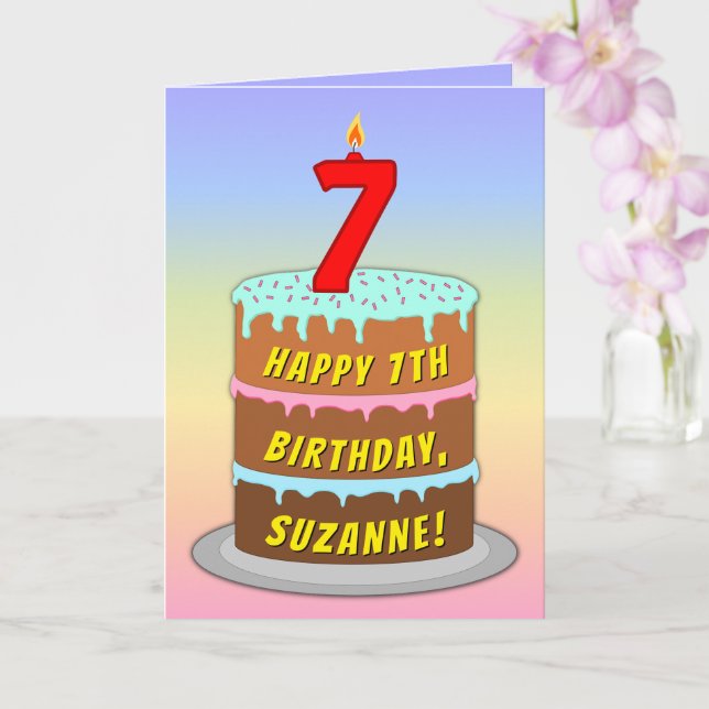 Tarjeta 7.º Cumpleaños — Pastel de Diversión y Vela, Con N (Orquídea)