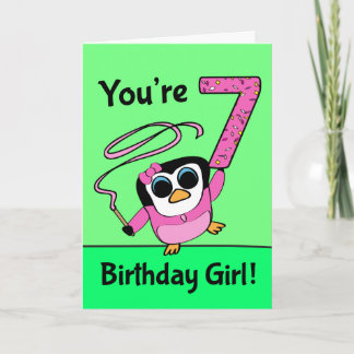 Tarjeta 7.º cumpleaños - Pingüino de gimnasta