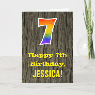 Tarjeta 7.º cumpleaños: Rustic Faux Wood Look, Rainbow "7"