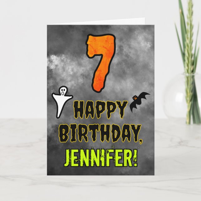 Tarjeta 7.º cumpleaños: Tema de Eerie Halloween + nombre p (Anverso)