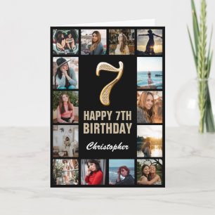 Tarjeta 7.º feliz cumpleaños Collage de fotos negro y oro