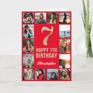 Tarjeta 7.º Feliz Cumpleaños Collage de fotos Rojo y Oro