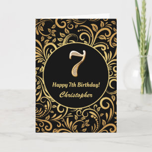 Tarjeta 7.º Nacimiento Patrón Floral Negro y Oro