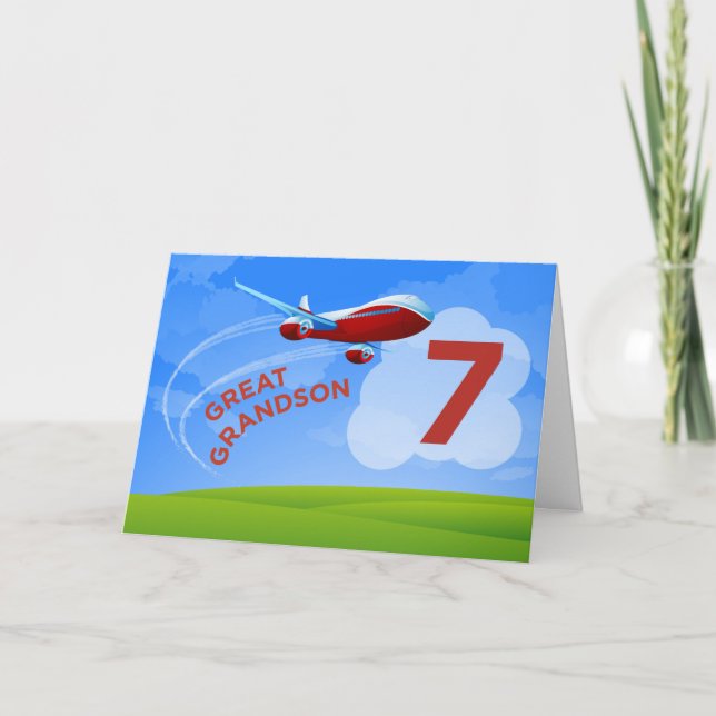 Tarjeta 7mo Cumpleaños, grande - nieto, aeroplano rojo (Anverso)