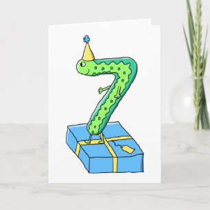 Tarjeta 7mo Dibujo animado, verde y azul del cumpleaños