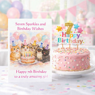 Tarjeta 7th Birthday Card for Girls Festive Cat Party 