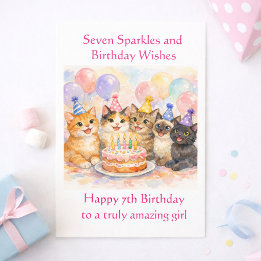 Tarjeta 7th Birthday Card for Girls Festive Cat Party 