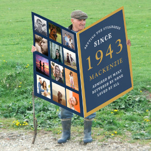 Tarjeta 80.º Collage de fotos de cumpleaños 1943 Oro Azul 