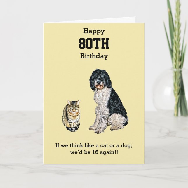 Tarjeta 80.º cumpleaños - 16 de nuevo como un gato o un pe (Anverso)