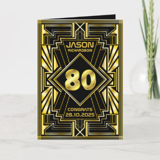 Tarjeta 80.º cumpleaños Art Deco Oro Gran Gatsby Negro