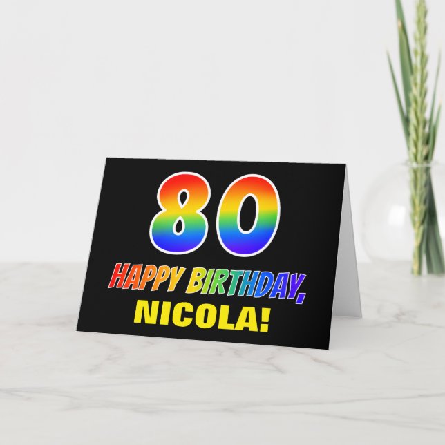 Tarjeta 80.º cumpleaños: audaz, divertido, simple, arcoiri (Anverso)