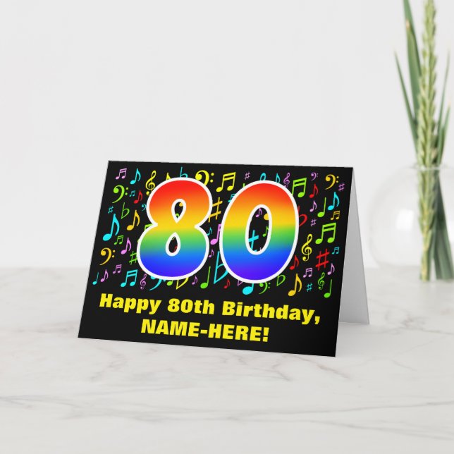 Tarjeta 80.º cumpleaños: Coloridos símbolos musicales y ar (Anverso)