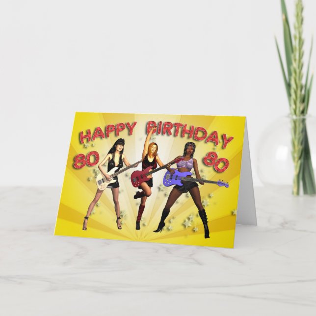 Tarjeta 80.º cumpleaños de Rockin con una banda chica (Anverso)