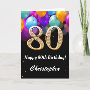 Tarjeta 80.º cumpleaños Globos de color negro y oro