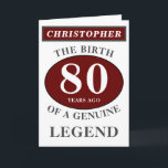 Tarjeta 80.º cumpleaños Leyenda Roja Genuina Añadir tu nom<br><div class="desc">Fun 80° "Nacimiento de una leyenda" cumpleaños tarjeta roja, gris y blanca. Añade el año, cambia "Leyenda" para adaptarlo a tus necesidades. Agregue el nombre y un mensaje único en la tarjeta. Todo se hace fácilmente utilizando la plantilla proporcionada. También puede cambiar la edad para hacer cualquier edad que quiera,...</div>