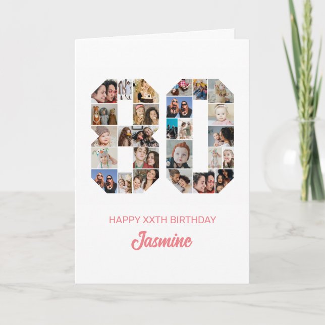 Tarjeta 80.º cumpleaños número 80 Collage de fotos persona (Anverso)