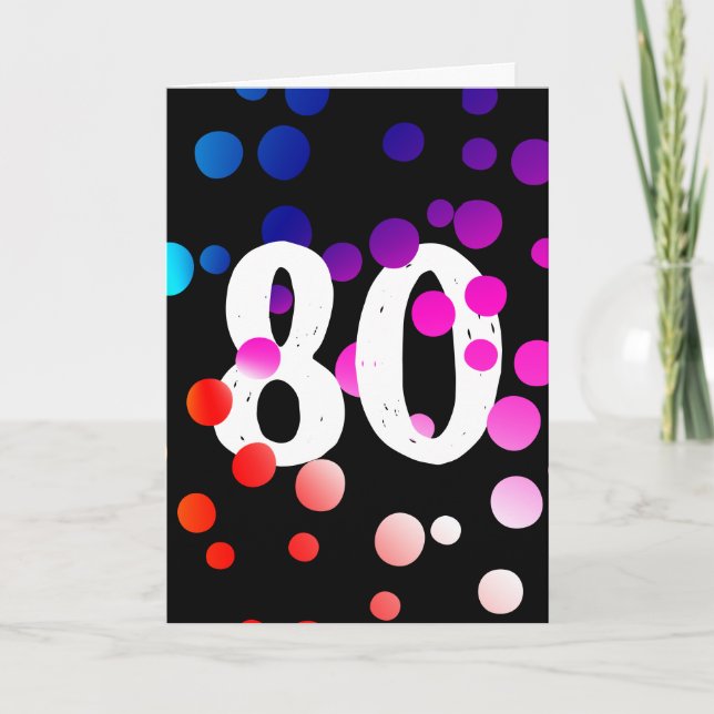 Tarjeta 80.º cumpleaños, puntos arcoiris sobre negro (Anverso)