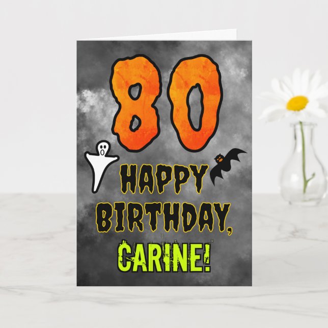 Tarjeta 80.º cumpleaños: Tema de Eerie Halloween + nombre  (Planta pequeña)