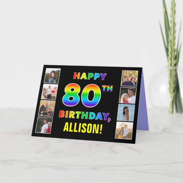 Tarjeta 80.º cumpleaños: texto arcoiris, fotos y nombre de (Anverso)