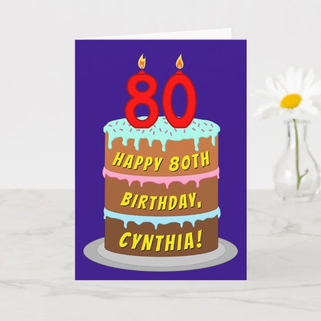 Tarjeta 80.º cumpleaños: Torta divertida y velas + nombre  (Planta pequeña)