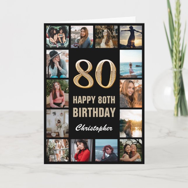 Tarjeta 80.º feliz cumpleaños Collage de fotos negro y oro (Anverso)