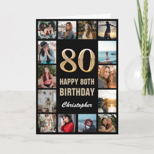 Tarjeta 80.º feliz cumpleaños Collage de fotos negro y oro