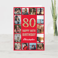 80.º feliz cumpleaños Collage de fotos rojo y oro
