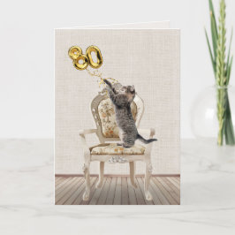 Tarjeta 80.º globo de cumpleaños y gato tabby