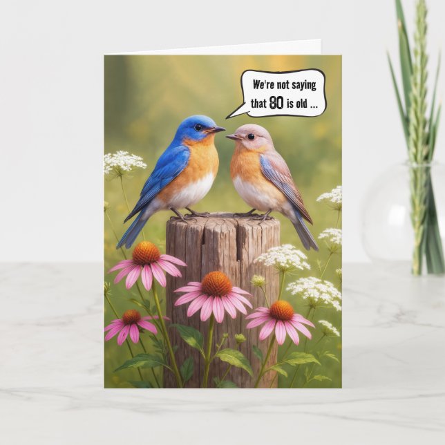 Tarjeta 80.º Humor Aves Azules en una valla (Anverso)