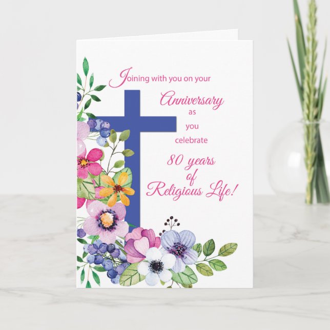 Tarjeta 80° Aniversario Nun Flores cruzadas de vida religi (Anverso)