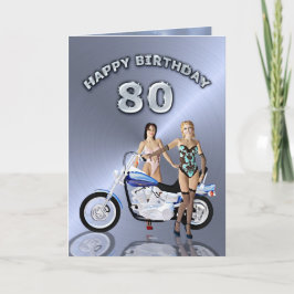 Tarjeta 80 años con chicas y una motocicleta
