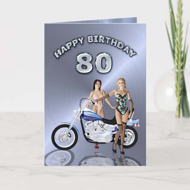 Tarjeta 80 años con chicas y una motocicleta (Anverso)