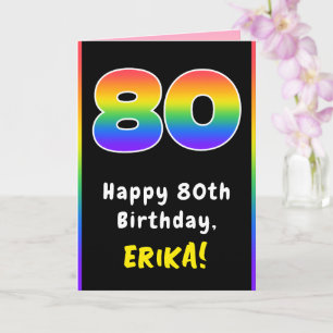 Tarjeta 80° cumpleaños: arcoiris colorido # 80, nombre per