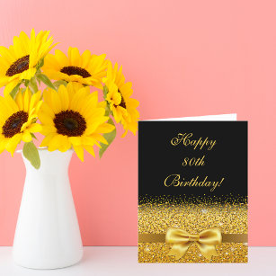 Tarjeta 80° cumpleaños con arco dorado en negro moda