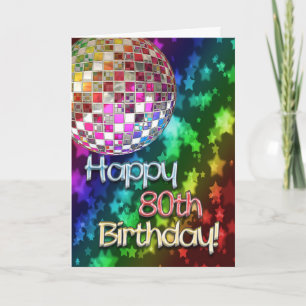 Tarjeta 80° cumpleaños con bola de disco y arco iris de es