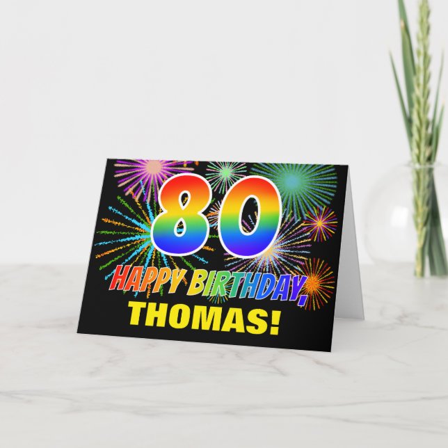 Tarjeta 80° cumpleaños: negrita, diversión, fuegos artific (Anverso)