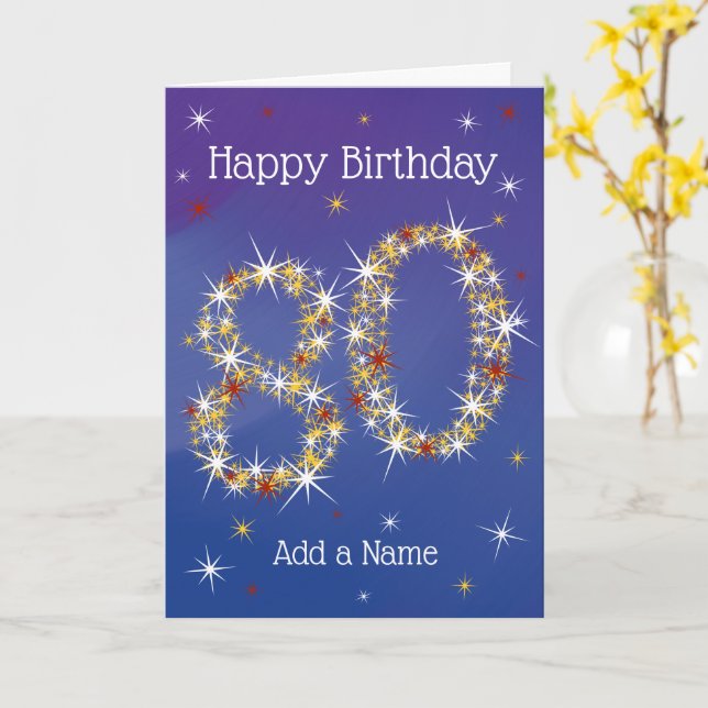 Tarjeta 80° cumpleaños - Número 80 en estrellas - Azul - E (flor amarilla)