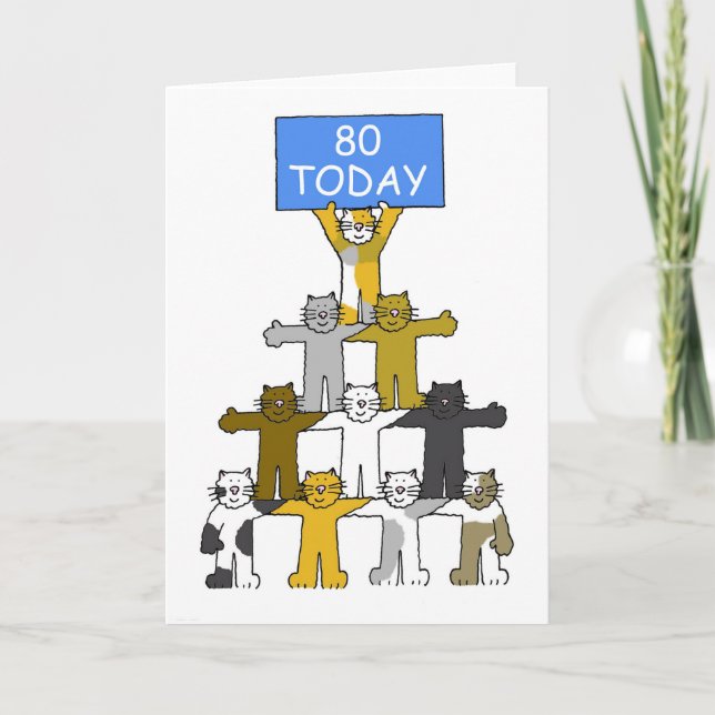 Tarjeta 80.o cumpleaños feliz, gatos del dibujo animado (Anverso)