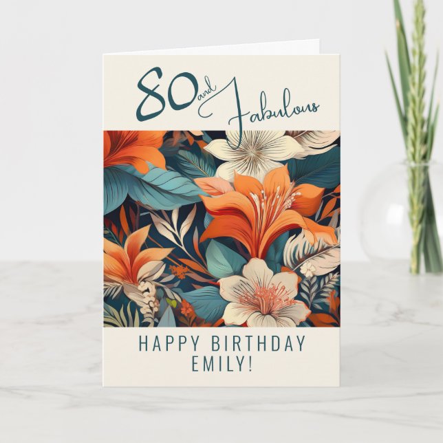 Tarjeta 80 y fabuloso patrón de flores cumpleaños  (Anverso)