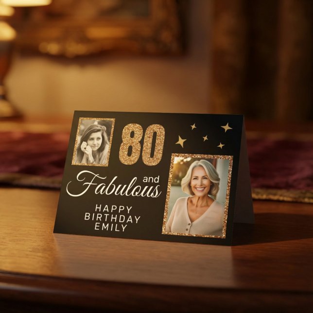 Tarjeta 80 y Fabulous Gold Purpurina 2 Photo 80th Birthday (Subido por el creador)