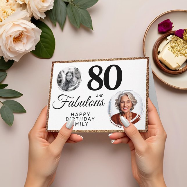 Tarjeta 80 y Fabulous Gold Purpurina 2 Photo 80th Birthday (Subido por el creador)