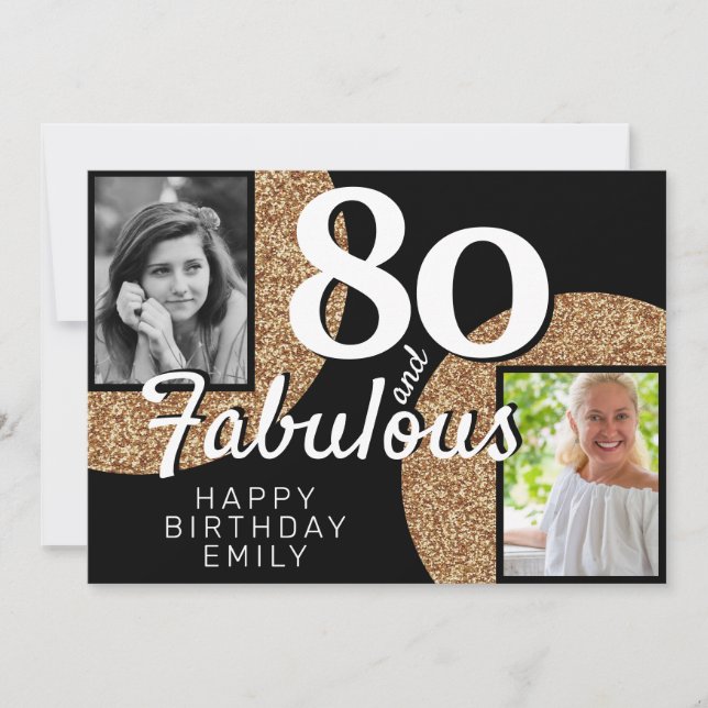 Tarjeta 80 y Fabulous Gold Purpurina 2 Photo 80th Birthday (Anverso)